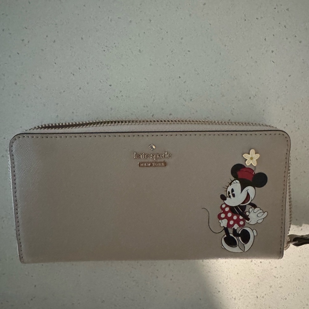 kate spade Taupe Leather Zip Wallet with Minnie Mouse Accent